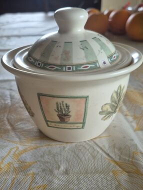 Pfaltzgraff Cream Ceramic Sugar Bowl with Green and Pink Botanical Panels